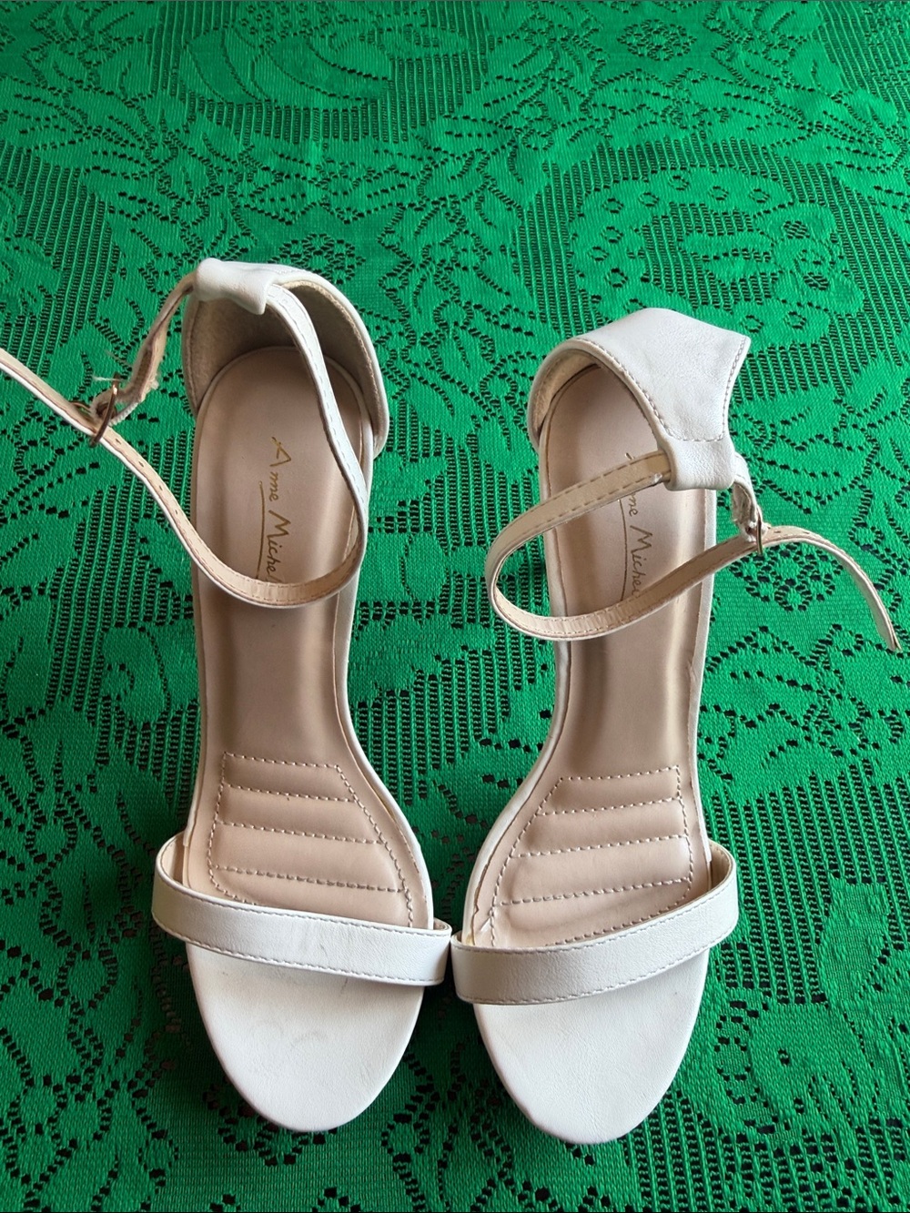 Anne Michelle Cream Ankle-Strap Open-Toe Heels